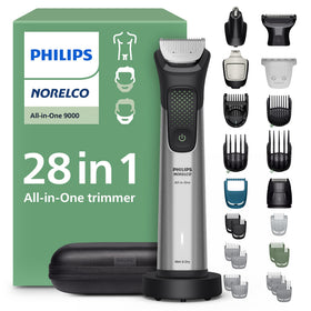 Norelco 9000 front view showing trimmer body and ergonomic grip for comfortable control