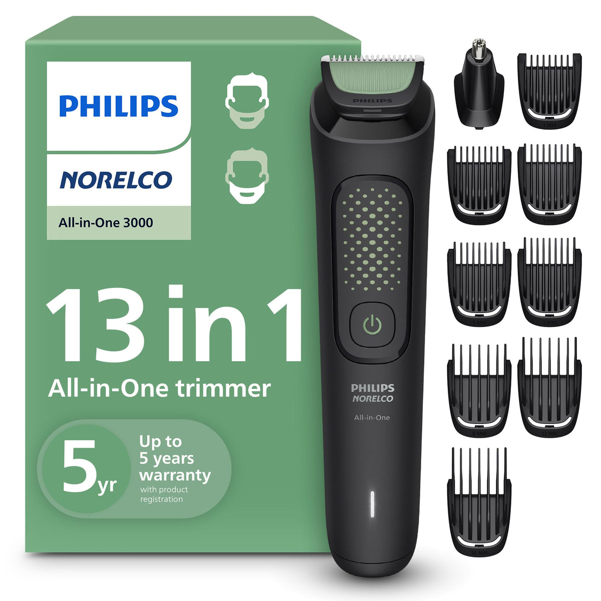 Norelco front view showing full trimmer and attachments for versatile grooming