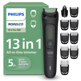 Norelco front view showing full trimmer and attachments for versatile grooming