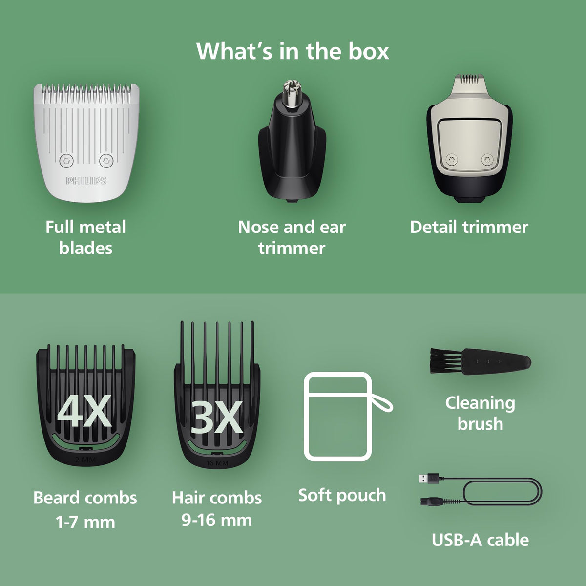 Norelco array of 13 attachments displayed for versatile beard and hair styling