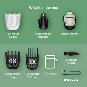 Norelco array of 13 attachments displayed for versatile beard and hair styling