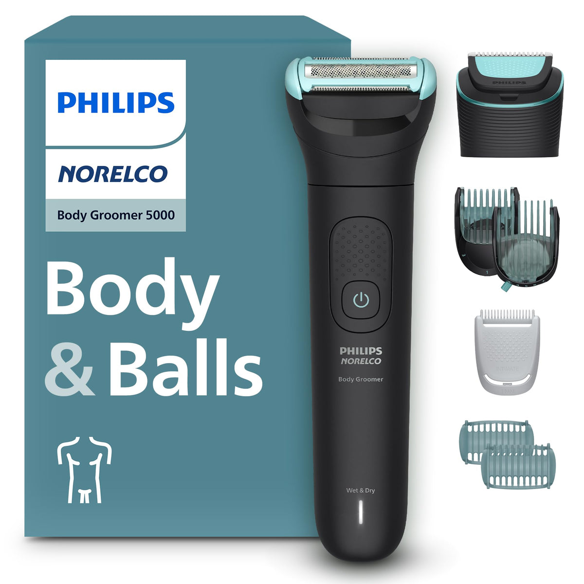 Norelco body groomer 5000 front view showing ergonomic grip and controls for better handling