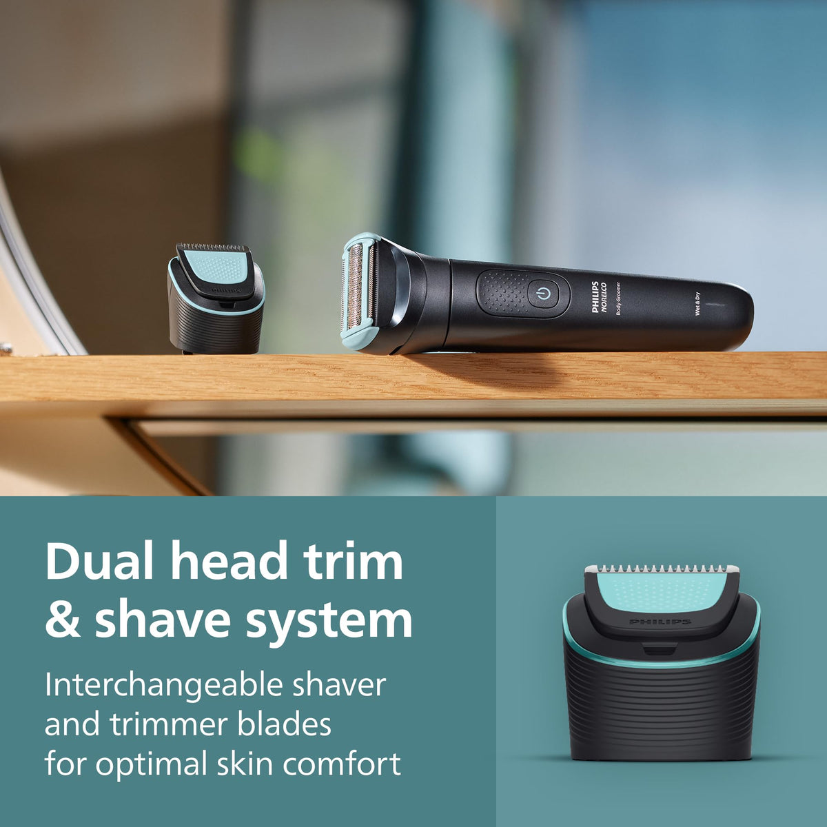 Norelco groomer in shower use demonstrating 100% showerproof convenience for wet grooming