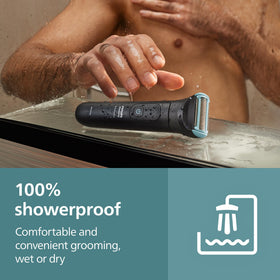 Norelco lifestyle bathroom setup with groomer staged for at-home full body grooming routine