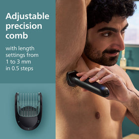 Norelco size comparison in hand illustrating compact design and easy reach for hard-to-reach areas