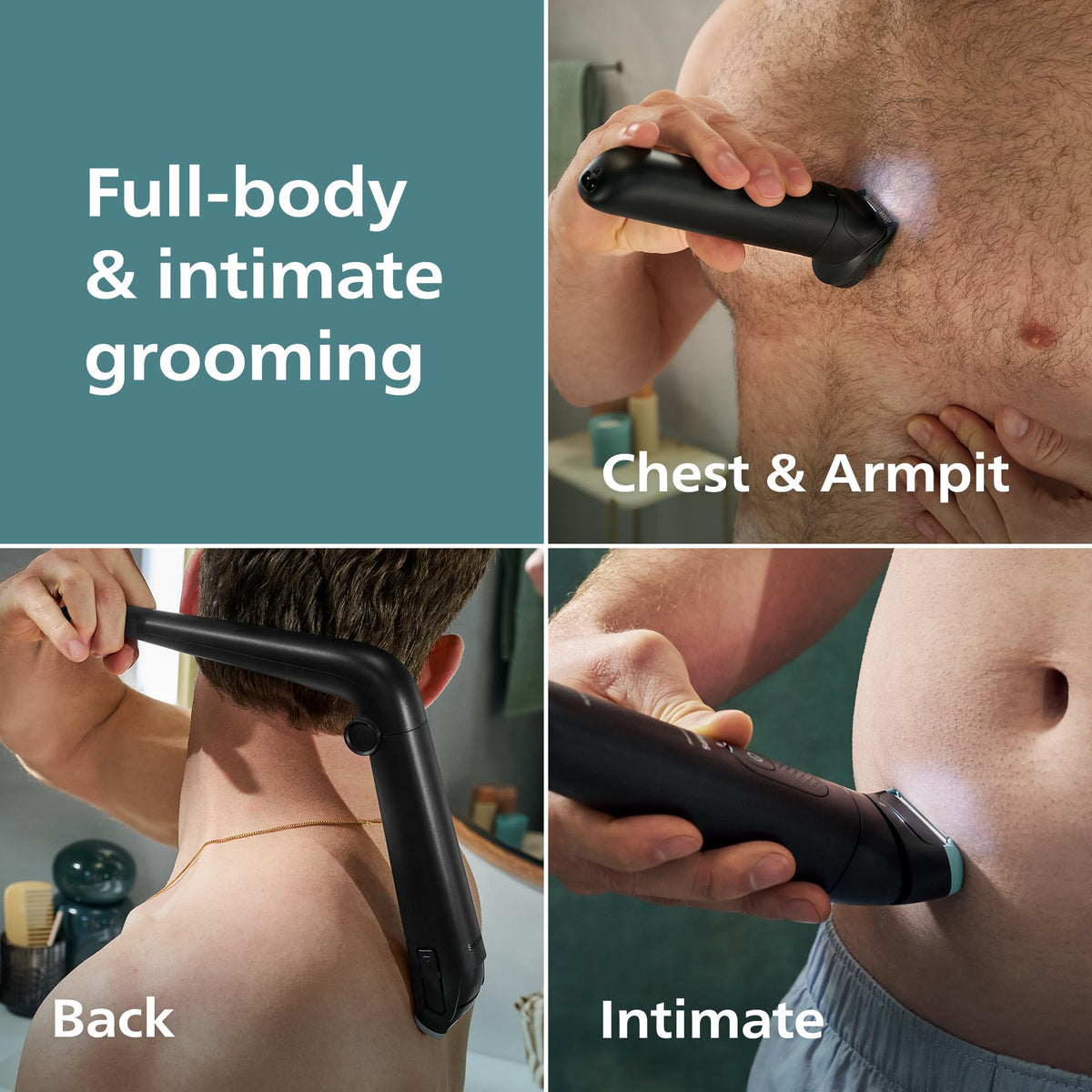Norelco foldable back attachment extended, allowing easy reach across the back