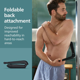 Norelco groomer using back extension to reach and remove back hair comfortably