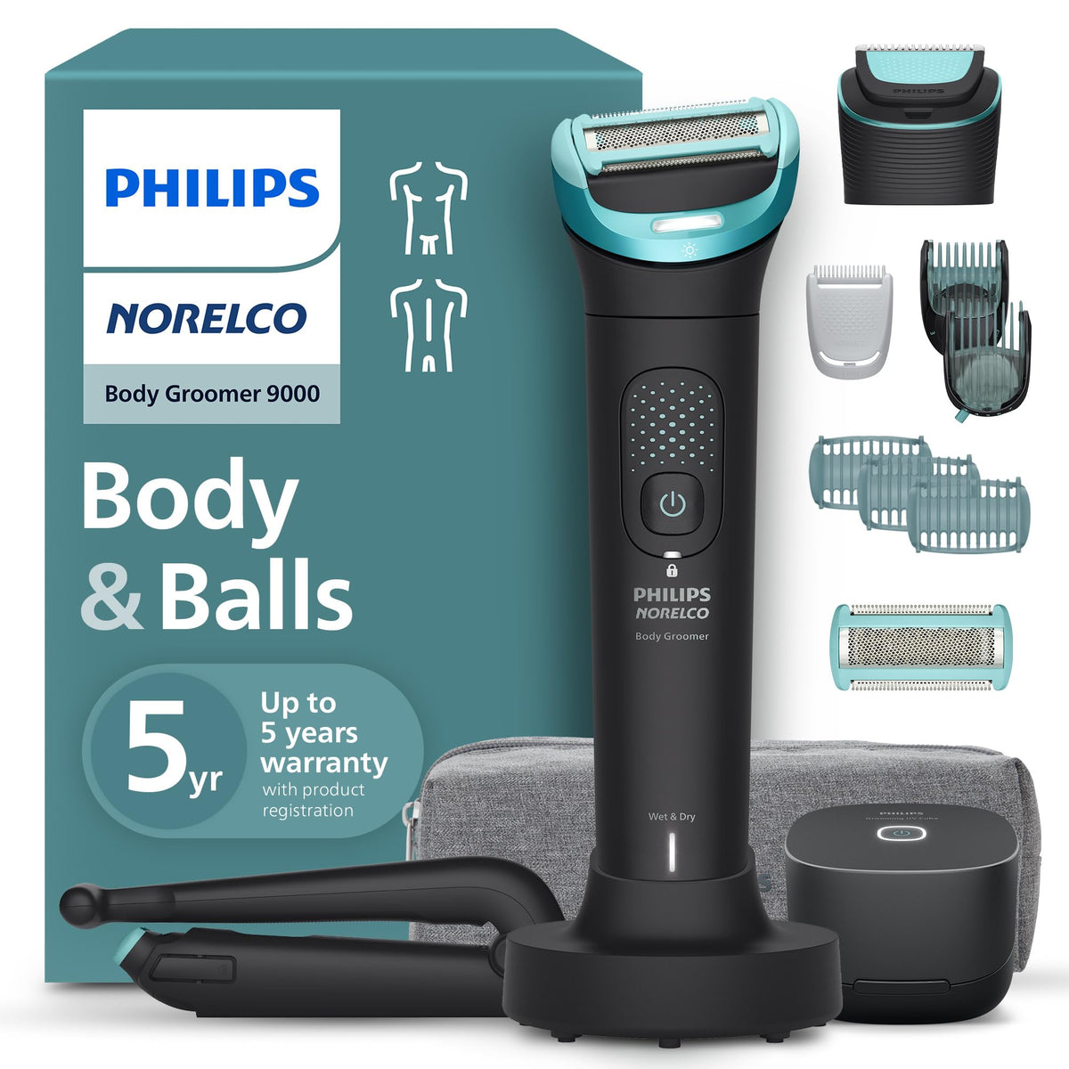 Norelco body groomer 9000 front view showing controls and heads for easy operation