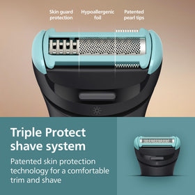 Norelco folded back attachment extended to reach back hair with ease and control