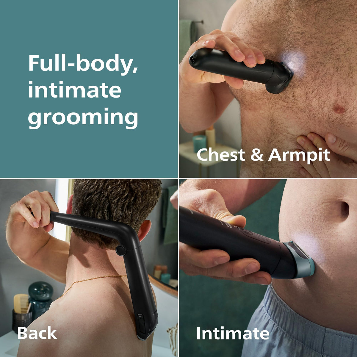 Norelco body groomer foldable back handle extended to reach back hair comfortably