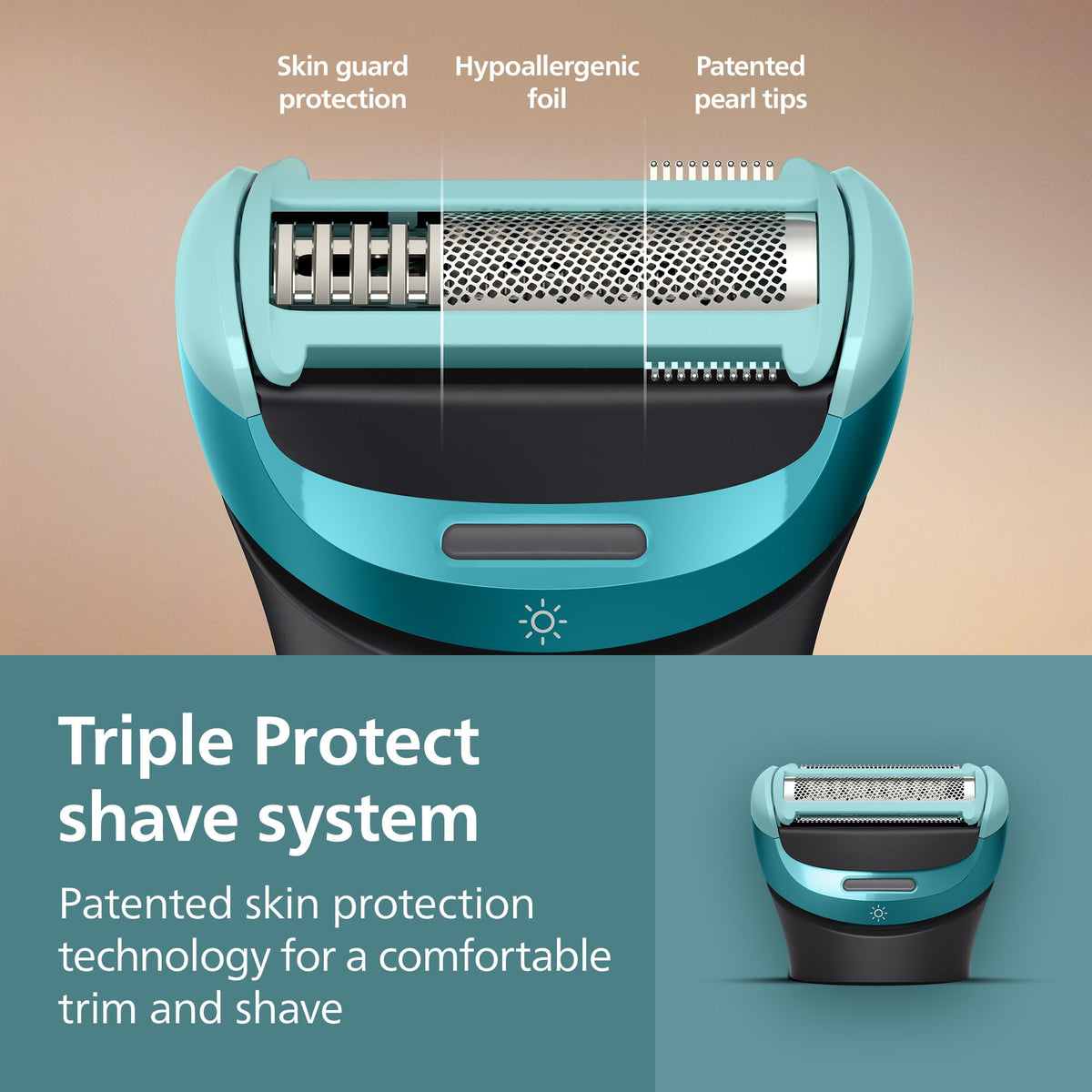 Norelco body groomer trimmer blade closeup with rounded tips for gentler grooming