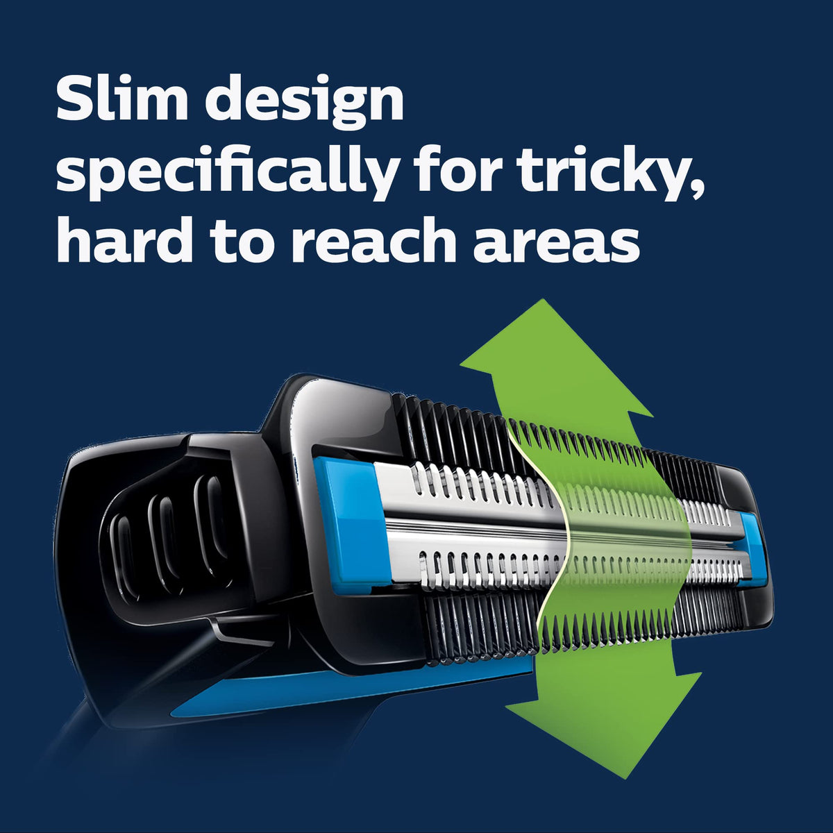 Norelco Bodygroom being rinsed in shower showing showerproof cleaning ease