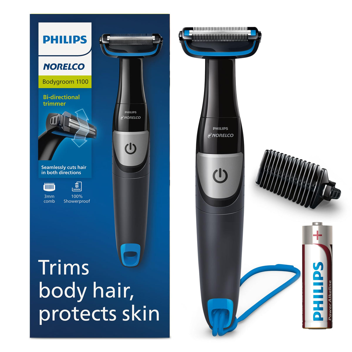 Norelco Bodygroom front view showing compact groomer and ergonomic grip benefit