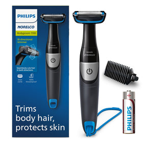 Norelco Bodygroom front view showing compact groomer and ergonomic grip benefit
