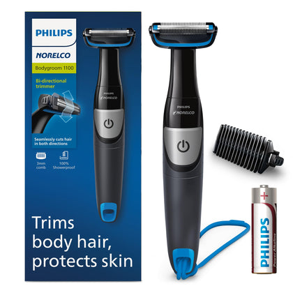 Norelco Bodygroom front view showing compact groomer and ergonomic grip benefit