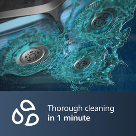 Norelco cartridge close-up showing cleaning fluid and multi-grid filter effectiveness