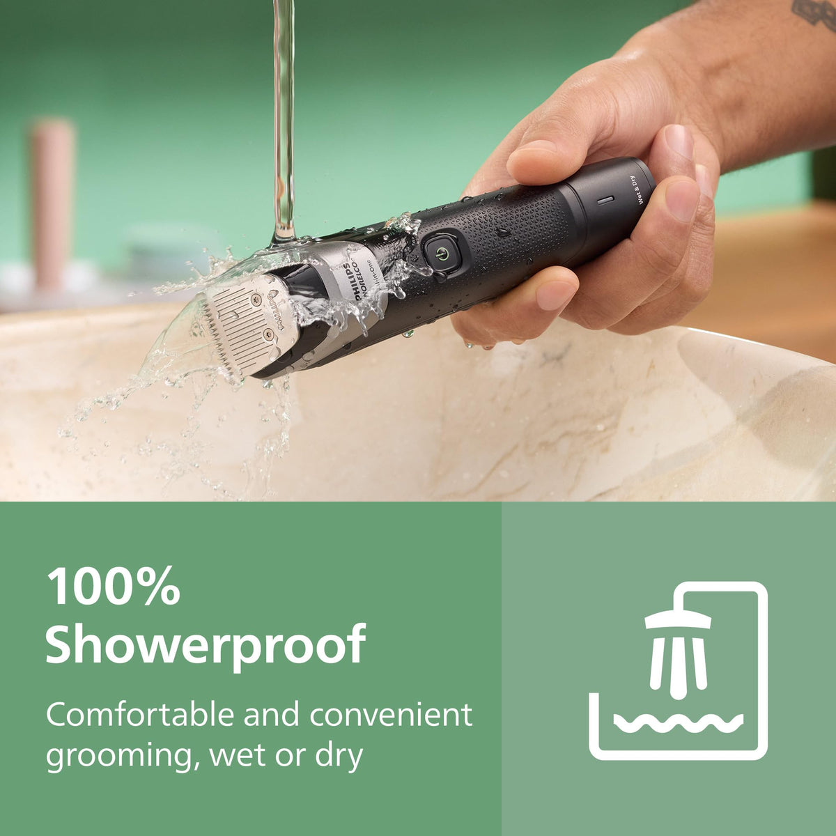 Norelco ergonomic rubber grip held in hand for secure comfortable maneuvering