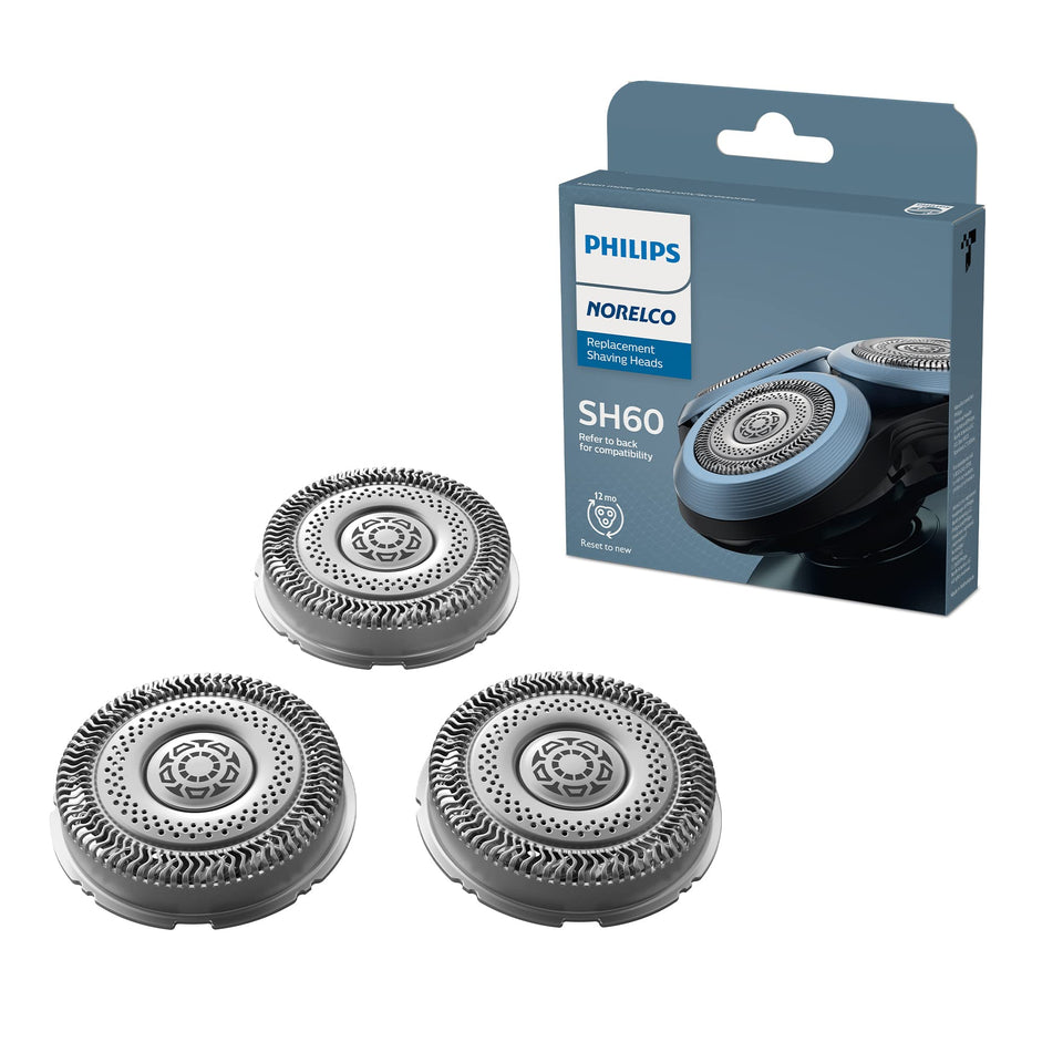 Norelco SH60/72 front packaging showing three heads and benefits