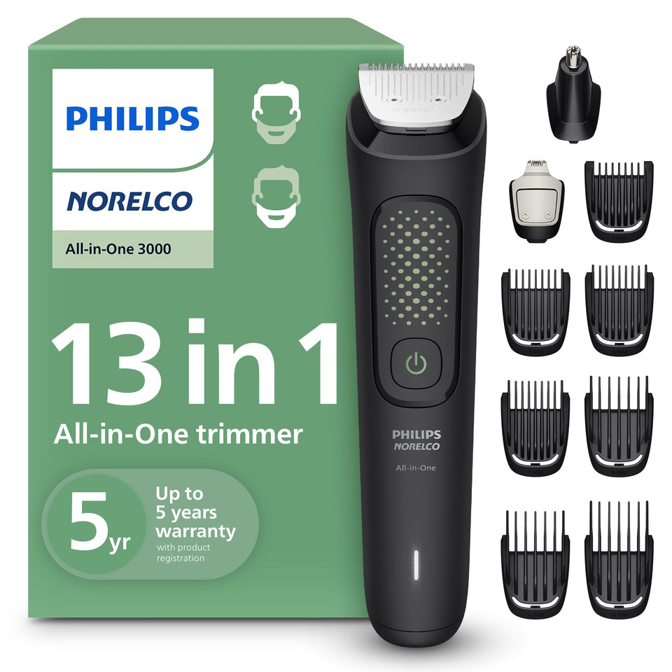 Norelco trimmer front view showing kit and accessories for complete grooming