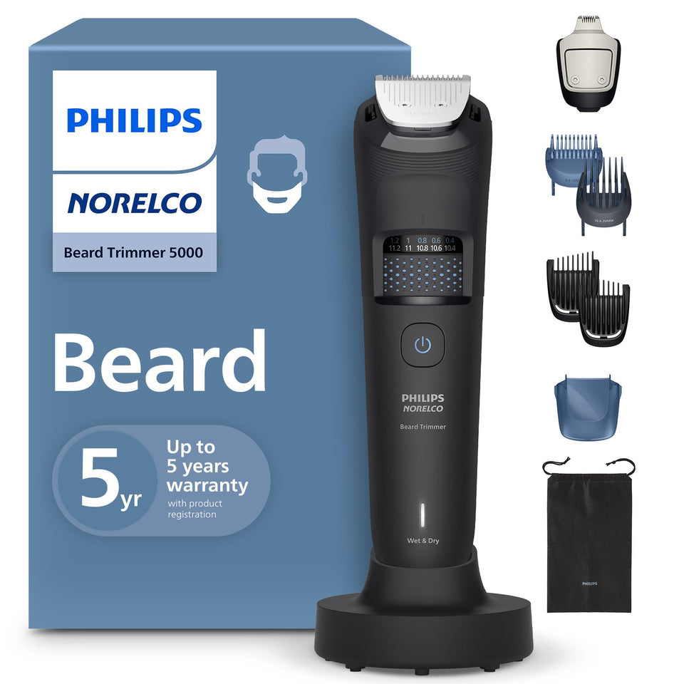 Norelco front view of trimmer showing ergonomic grip and controls, easy handling