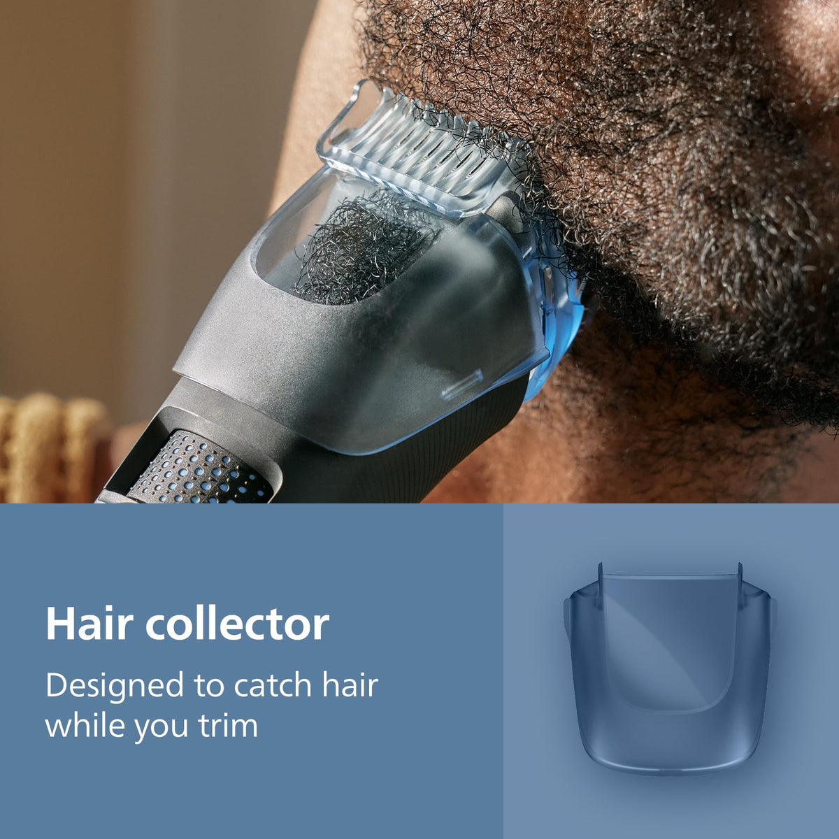 Norelco facial hair collector capturing trimmed hairs for cleaner grooming