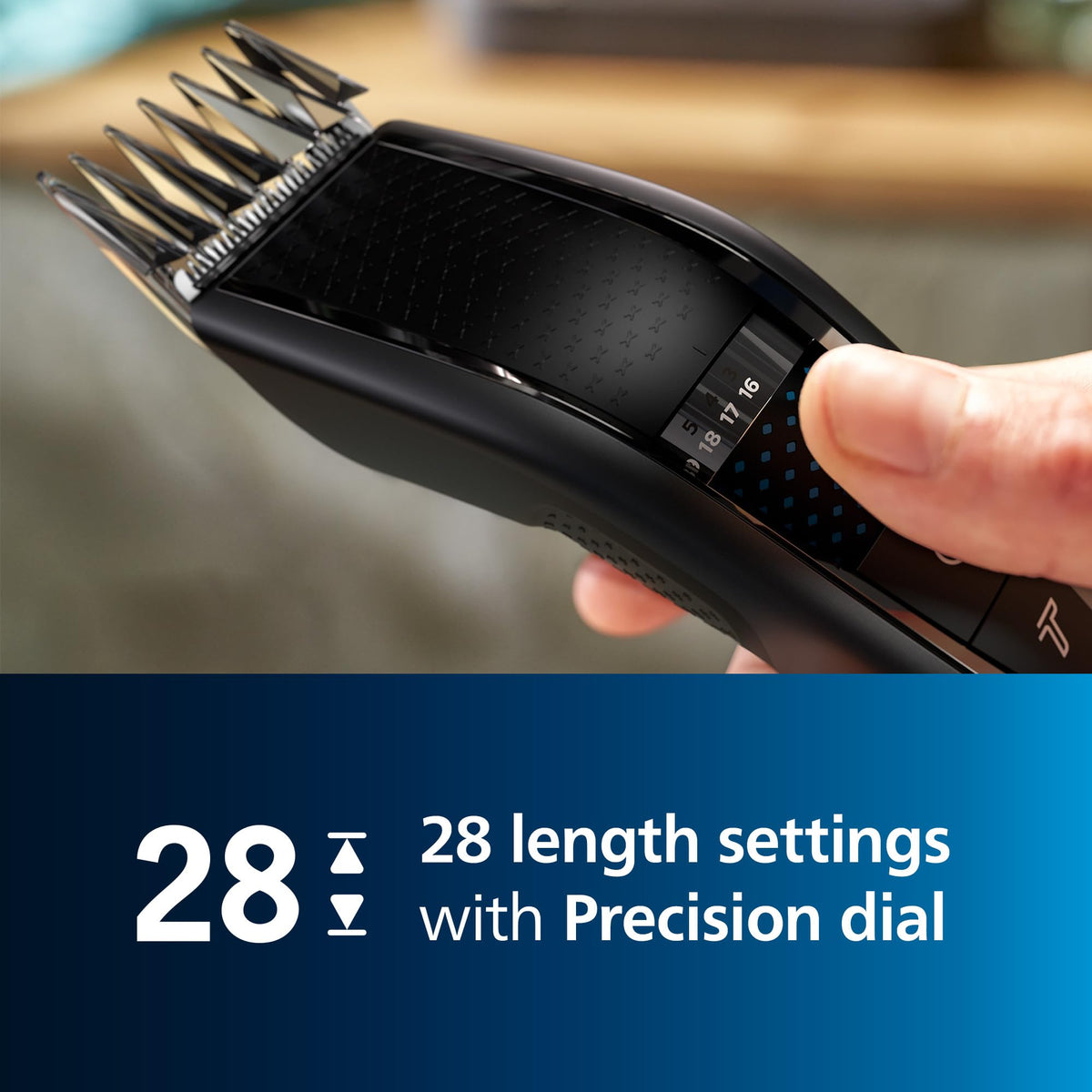 Norelco precision dial close-up highlighting exact 1mm length selection accuracy