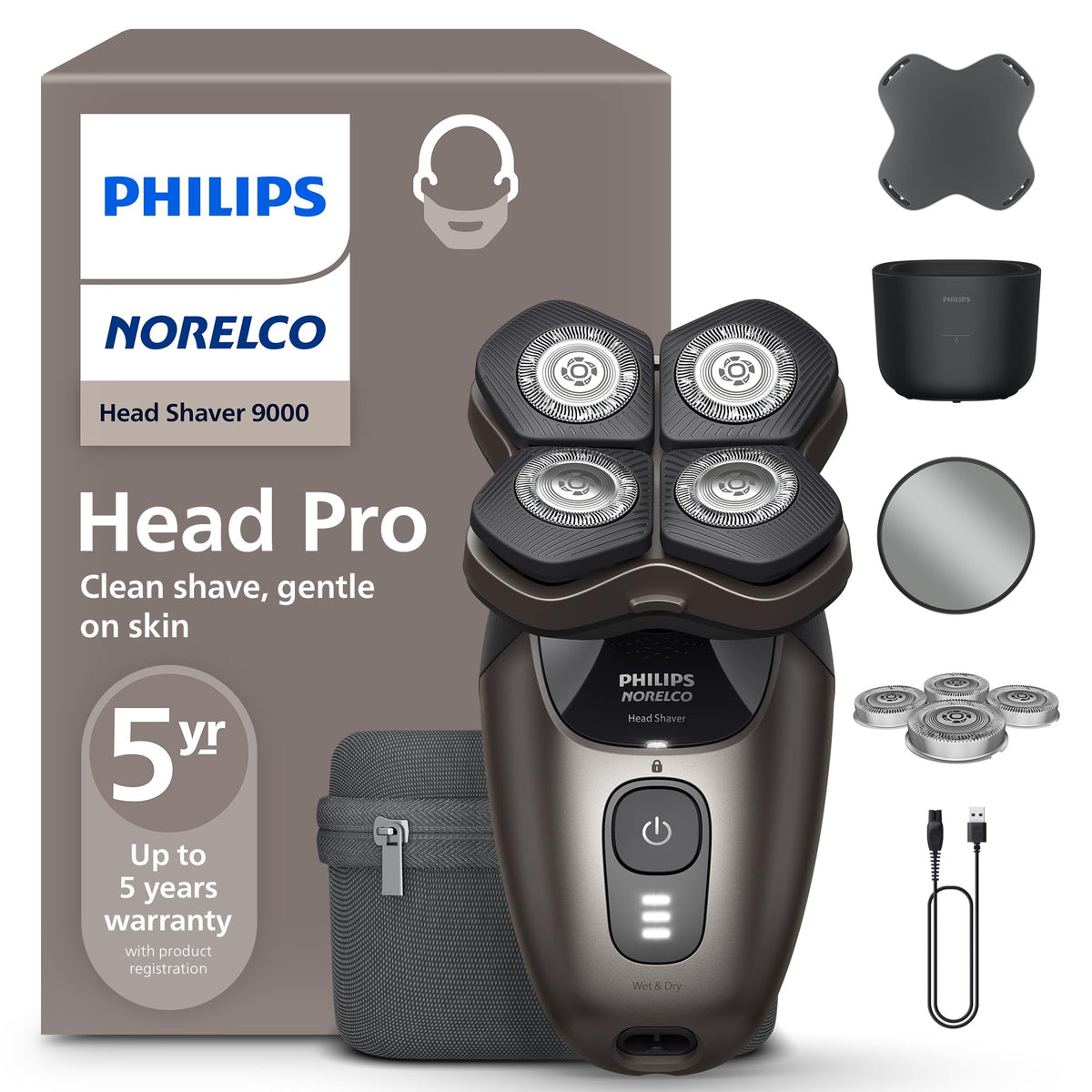Norelco front view of Head Shaver Pro 9000 showing design and benefits