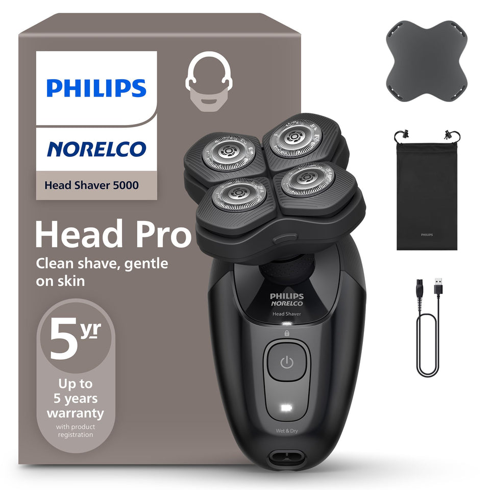 Norelco head shaver Pro 5000 front view showing sleek design and control