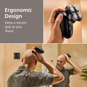 Norelco Pro 5000 used in shower demonstrating IPX7 water-resistant convenience
