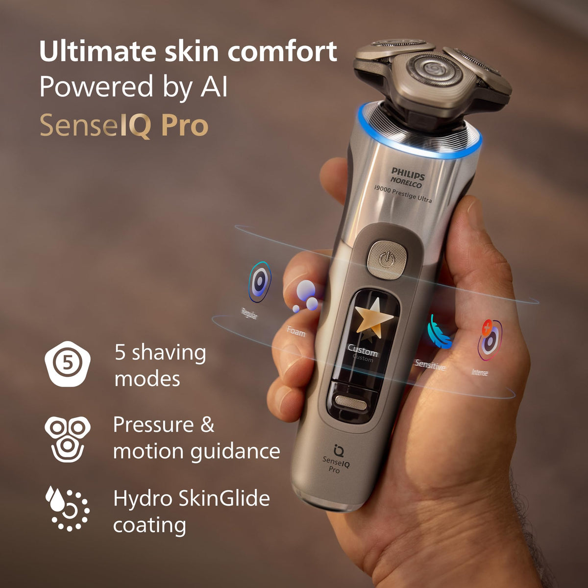 Norelco i9000 display and smartphone app showing Bluetooth customization and mode benefit