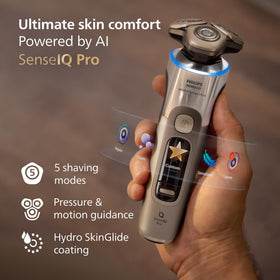 Norelco i9000 display and smartphone app showing Bluetooth customization and mode benefit
