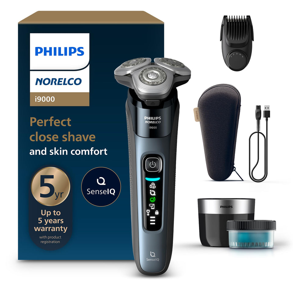 Norelco i9000 front view showing ergonomic design and powerful shave benefit