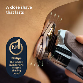 Norelco i9000 rotating Dual SteelPrecision blades close-up for precise cutting benefit