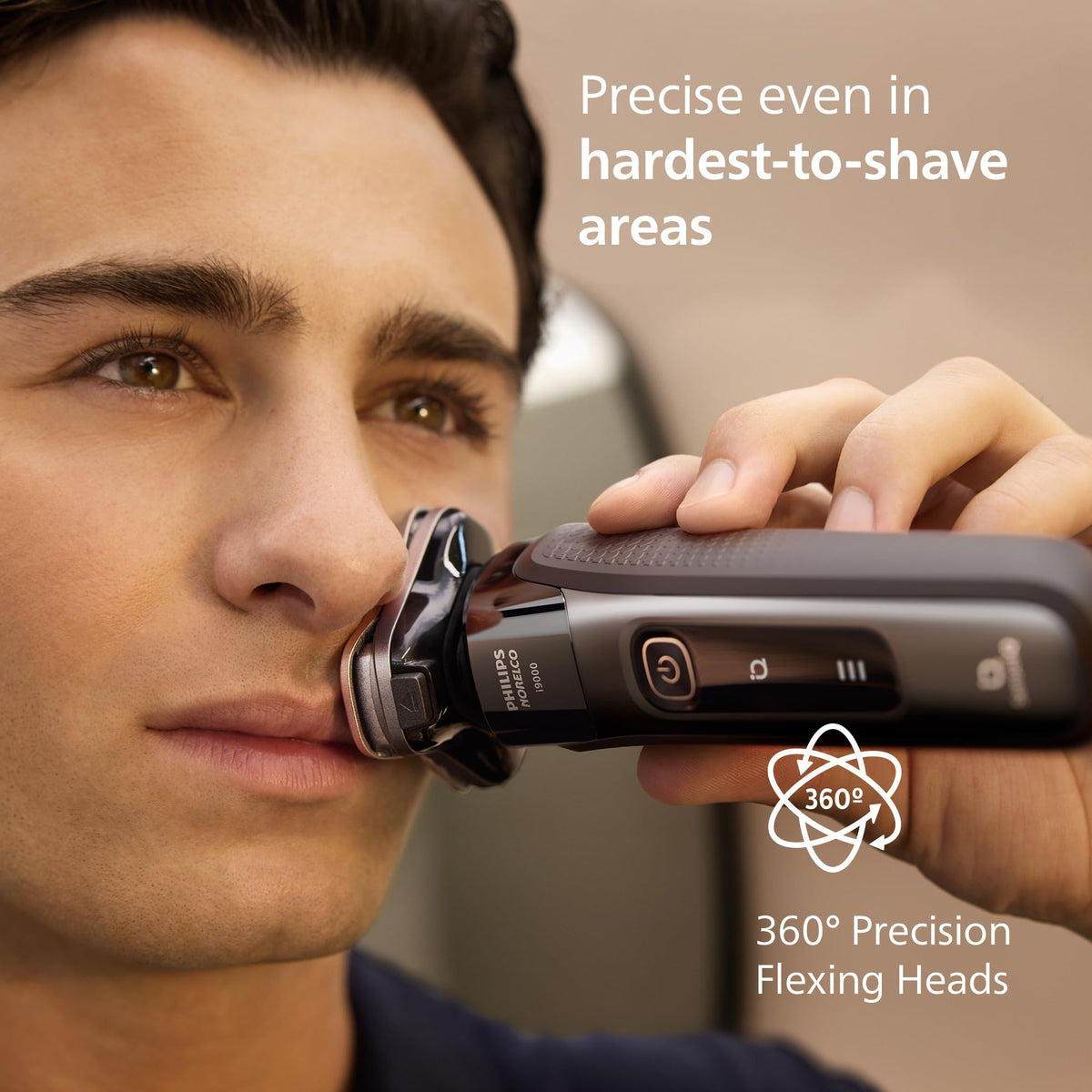Norelco i9000 dual steelprecision blades rotating 360 degrees to cut hair efficiently