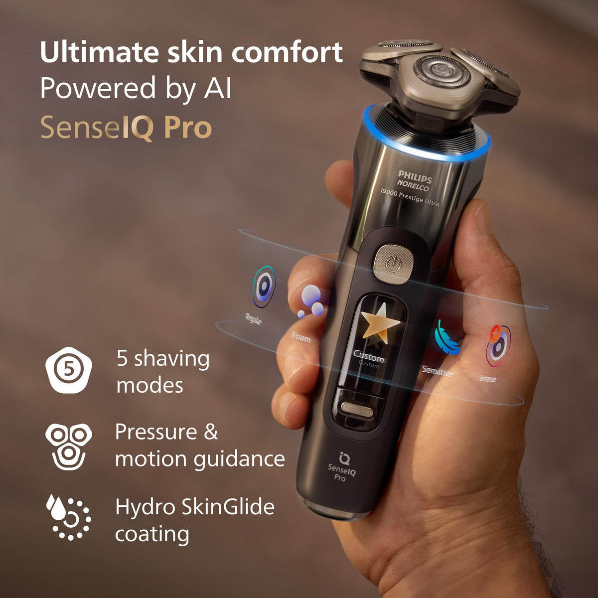 Norelco i9000 next to a ruler to show compact size for travel convenience
