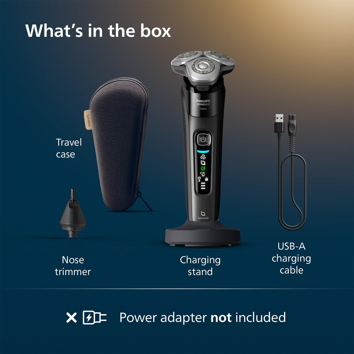 Norelco i9000 with travel case and USB cable showing compact portability and organized storage