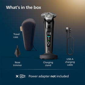 Norelco i9000 with travel case and USB cable showing compact portability and organized storage