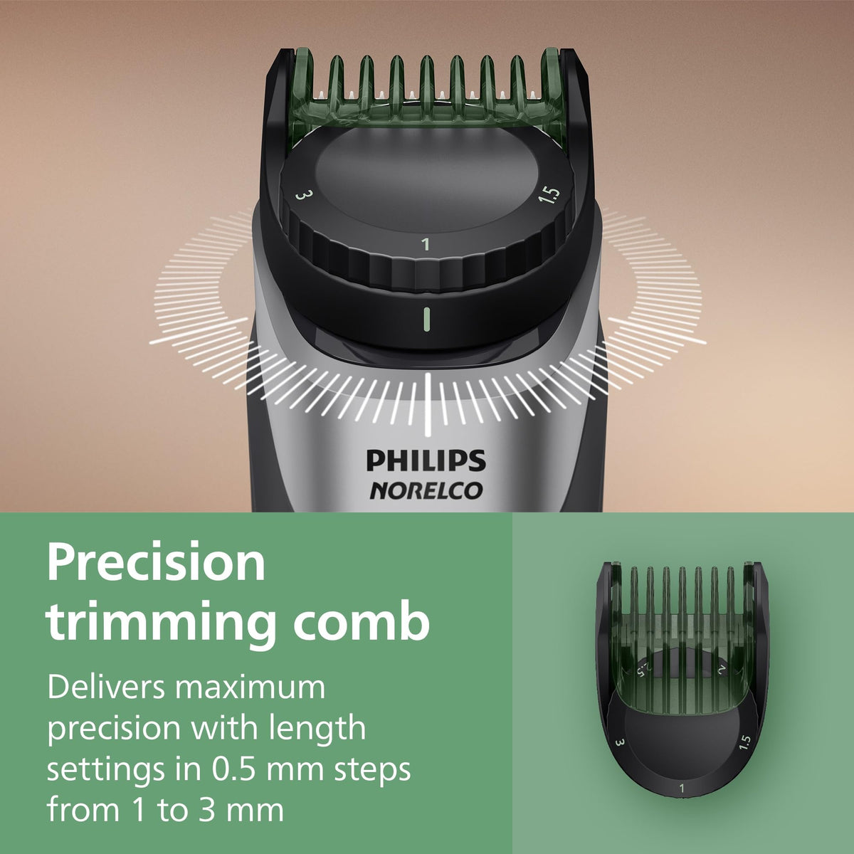 Norelco trimmer with click-on body comb trimming chest hair for gentle, even results