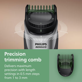 Norelco trimmer with click-on body comb trimming chest hair for gentle, even results