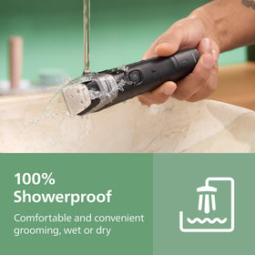 Norelco trimmer charging with USB-A cable demonstrating convenient travel-friendly power