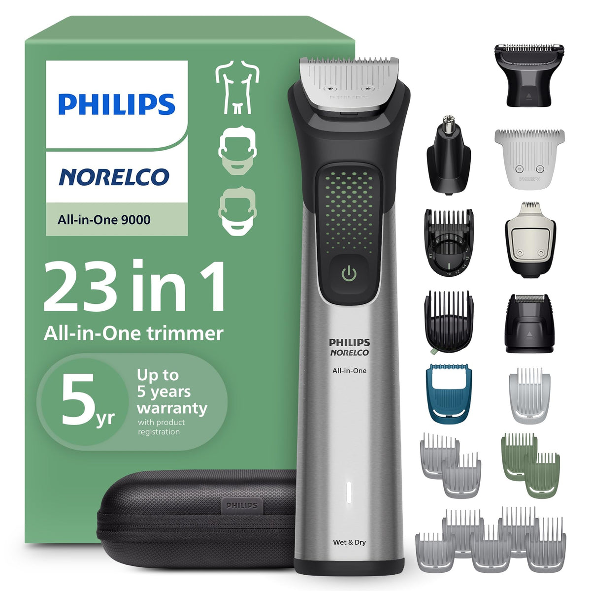 Norelco MG9575 front view showing trimmer and ergonomic grip for comfortable handling