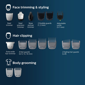 Norelco Multigroom 5000 attachments laid out offering organized trimming options