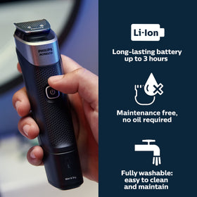 Norelco Multigroom 5000 extra-wide trimmer close-up for faster body coverage