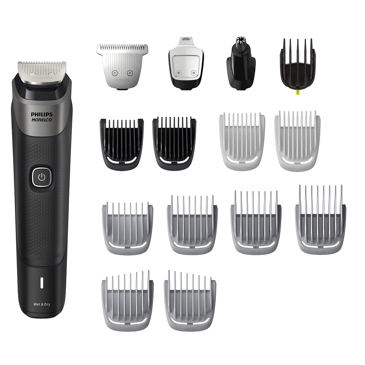 Norelco Multigroom 5000 front view showing kit and handle for versatile grooming