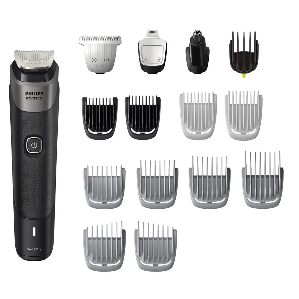 Norelco Multigroom 5000 front view showing kit and handle for versatile grooming