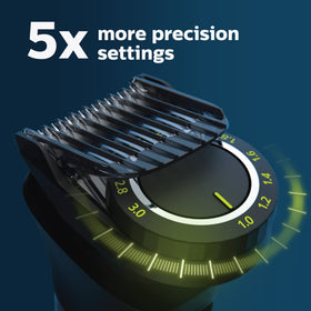 Norelco Multigroom 7000 close-up of stainless-steel blades showing durable sharpness benefit