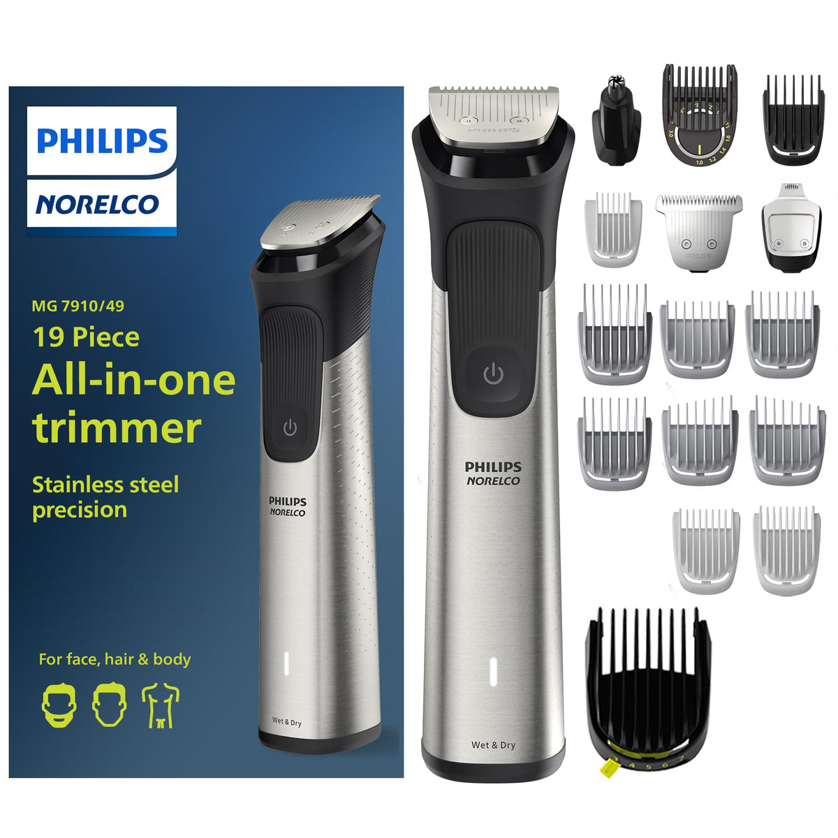 Norelco Multigroom 7000 front view showing full kit and ergonomic handle benefit: versatile grooming