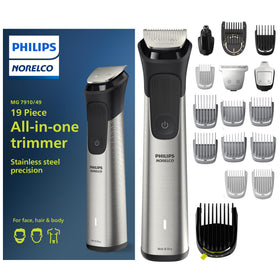 Norelco Multigroom 7000 front view showing full kit and ergonomic handle benefit: versatile grooming