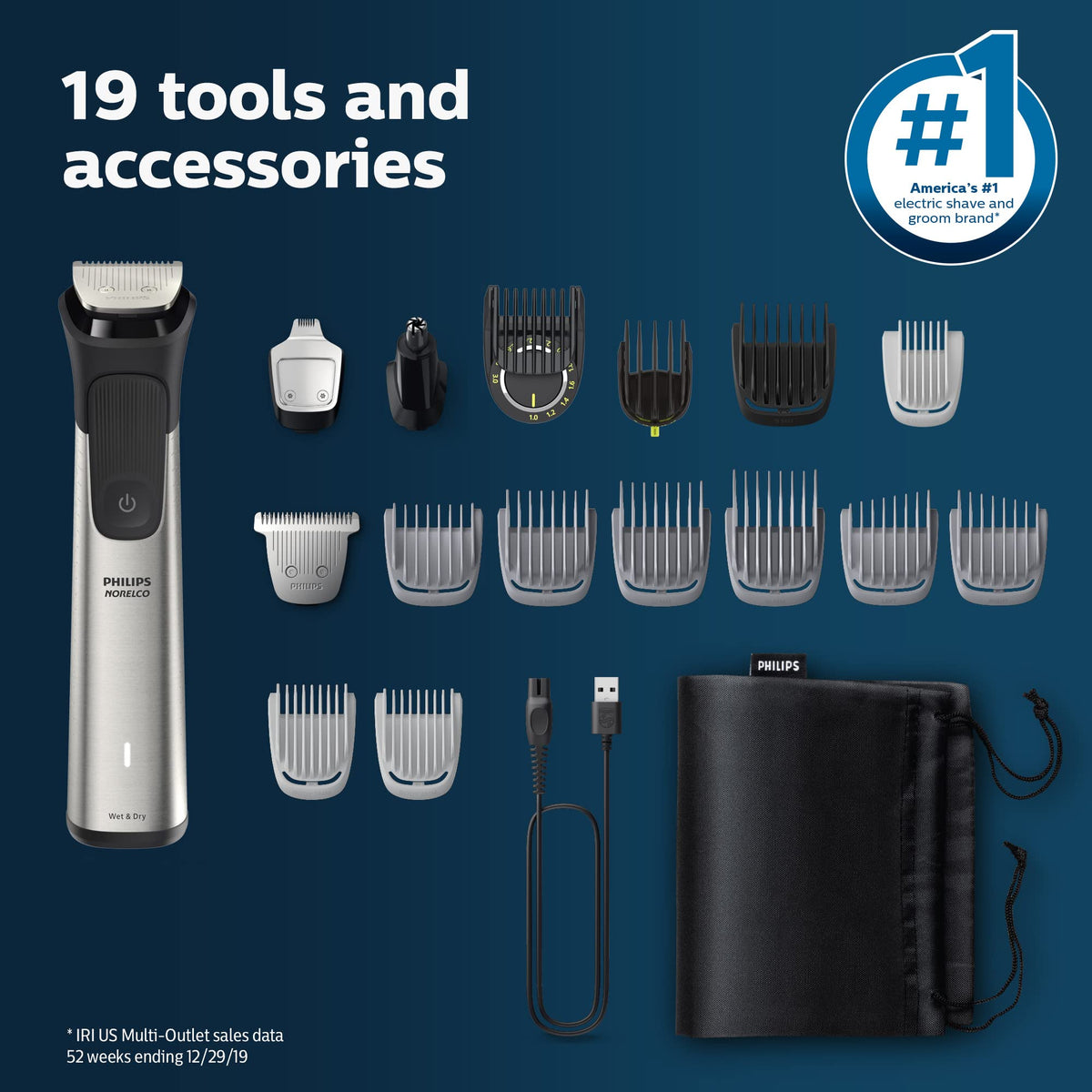 Norelco Multigroom 7000 with soft pouch next to phone showing compact travel-friendly size