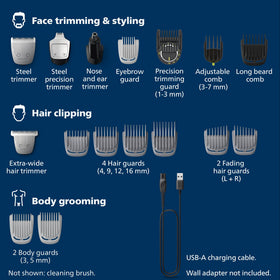 Norelco Multigroom 7000 laid out with all 19 attachments showing organized options for styling